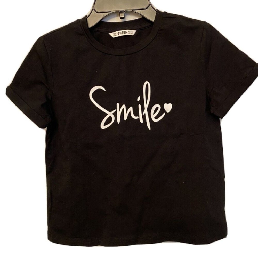 Shein Girls Black/White "Smile" CROP Short Sleeve T-Shirt 10Y